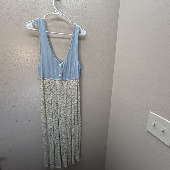 Vtg EXPRESS 90s Denim Dress Ditzy Floral Cottagecore Maxi Jumper Western S - Picture 1 of 10